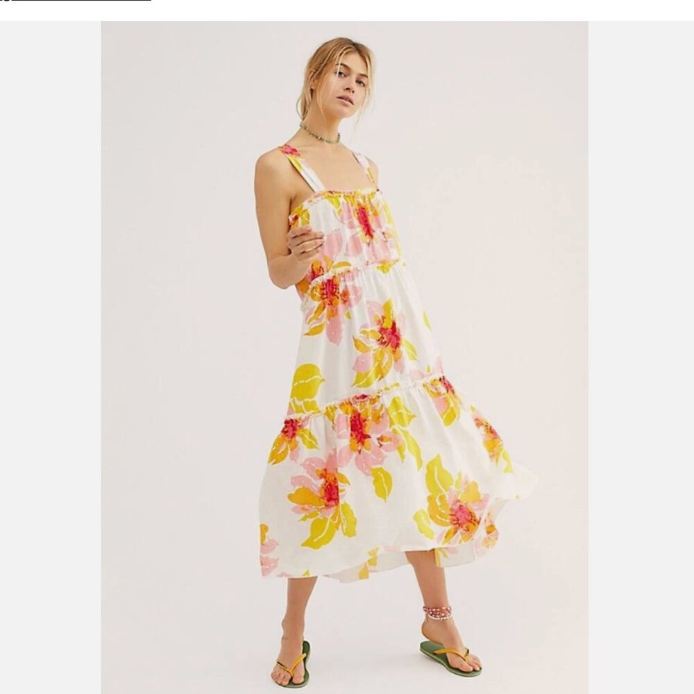 FREE PEPPLE Moonshine Tiered Large Floral Midi Linen Blend Dress size medium